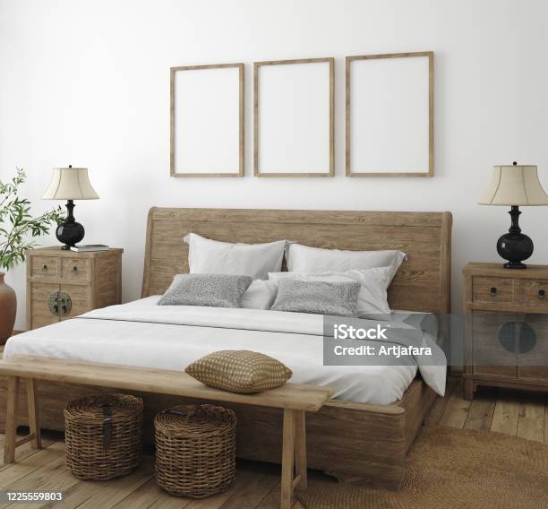 Mockup Frame In Bedroom Interior Background Farmhouse Style Stock Photo - Download Image Now