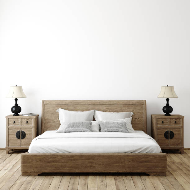 istock Farmhouse bedroom interior background, wall mockup 1225559820