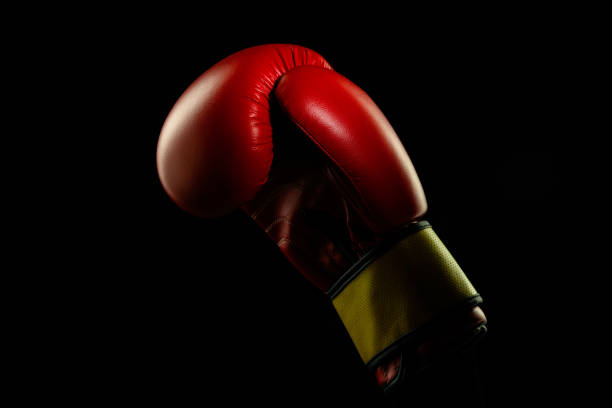 istock Professional sport equipment isolated on black studio background. Boxers red glove. 1225560456