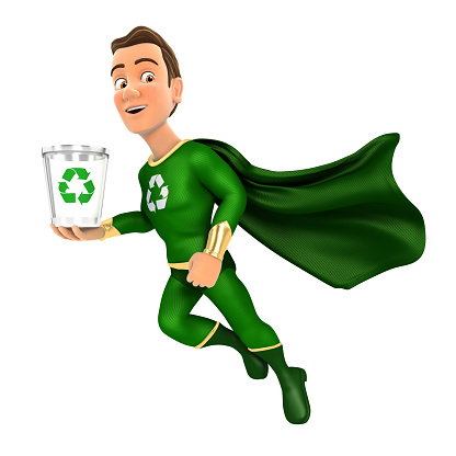 3d green hero flying and holding trash can icon, illustration with isolated white background