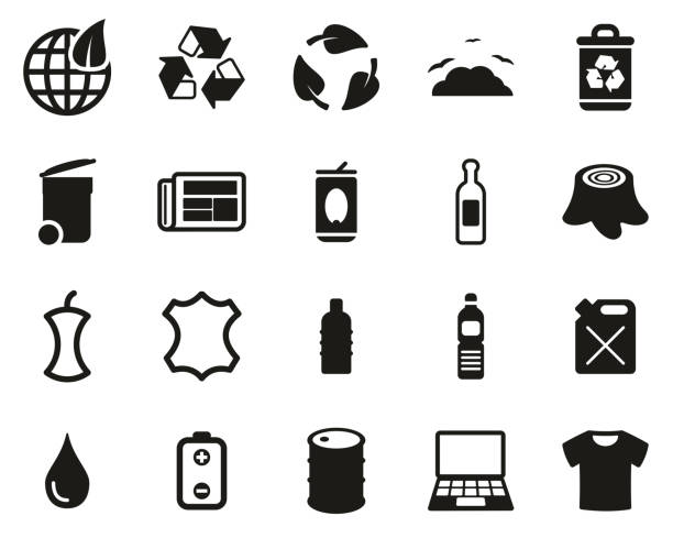 recycling oder upcycling icons black & white set big - recycling newspaper paper bottle stock-grafiken, -clipart, -cartoons und -symbole