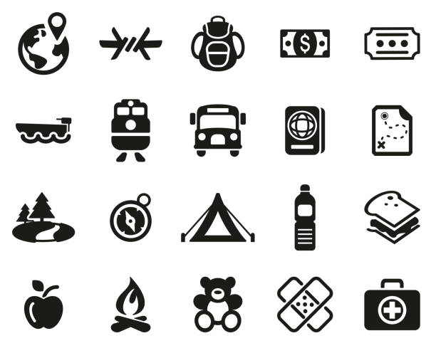 Refugees & Migrants Icons Black & White Set Big This image is a vector illustration and can be scaled to any size without loss of resolution. earth first aid stock illustrations