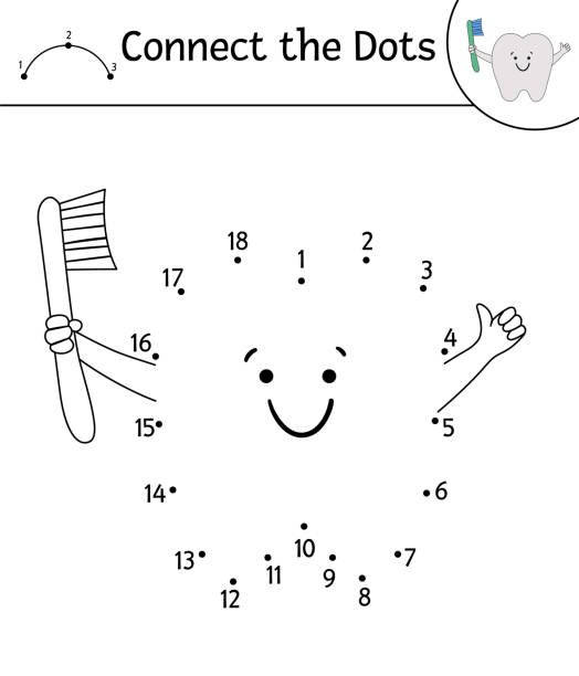 vektor dot-to-dot-aktivität mit niedlichen kawaii zahnhalten zahnbürste. verbinden sie das punktspiel. lustige zähne pflege charakter. dental themen umriss clipart für kinder. mundhygiene färbung seite - sweet tooth in a row stock-grafiken, -clipart, -cartoons und -symbole