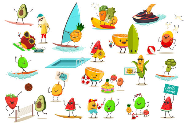 śmieszne owoce i warzywa są zaangażowane w letnie sporty wodne i plażowe. narty wodne, bananowca, windsurfing, siatkówka i surfing. cute żywności kreskówki charakter wektor ustawiony izolowane na tle. - windsurfing obrazy stock illustrations