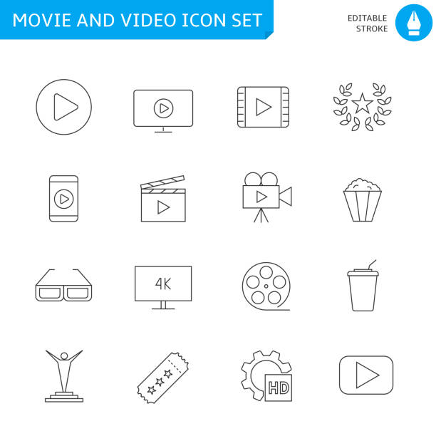 Movie and video thin line icon set Simple Set of Cinema Related Vector Line Icons. Editable Stroke video charades stock illustrations