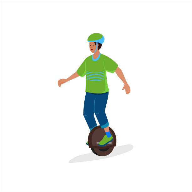 ilustrações de stock, clip art, desenhos animados e ícones de boy on the one-wheel electric scooter - unicycling unicycle cartoon balance