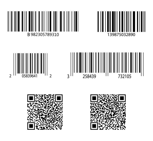 코드 바. 스캔을 위한 바코드. qr 스티커, 스캐너. 제품의 라벨. 신분증이 있는 소매 판매. 정보가 있는 디지털 가격 태그 집합입니다. 매장에서 qrcode와 포장의 id 재고. 벡터 - series stock illustrations