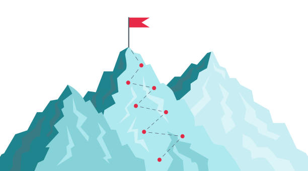 Path in mountain. Success journey with goal in destination. Challenge for leaders growth. Flag in peak of progress. Top target in career. Route and plan for sport, business climb achievement. Vector Path in mountain. Success journey with goal in destination. Challenge for leaders growth. Flag in peak of progress. Top target in career. Route and plan for sport, business climb achievement. Vector. reach destination stock illustrations