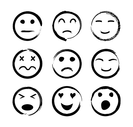 Face icons. Emoticon with emotions of happy, sad, funny, angry, love, cry and laugh. Sketch smiles. Set with doodle emoji. Black smiley in line style. Handdrawn cartoon persons. Kid symbols. Vector.
