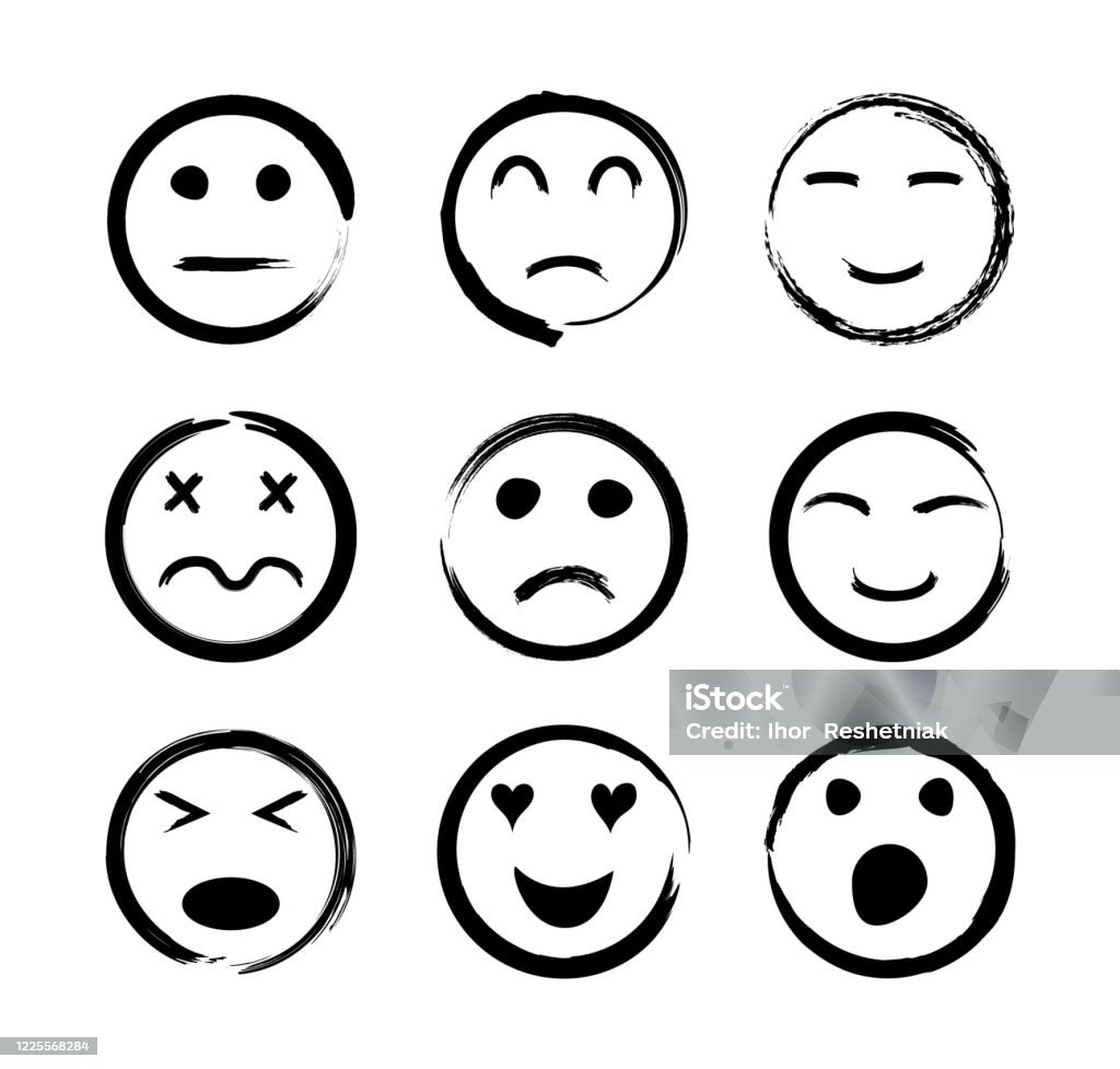 Face Icons Emoticon With Emotions Of Happy Sad Funny Angry Love Cry And  Laugh Sketch Smiles Set With Doodle Emoji Black Smiley In Line Style  Handdrawn Cartoon Persons Kid Symbols Vector Stock