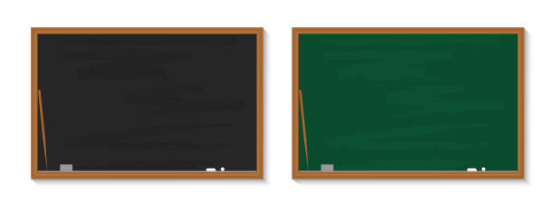 학교에서 칠판. 교실에서 분필칠칠판. 나무 검은 색, 교육 클래스의 녹색 보드. 배경, 교사, 대학, 레스토랑 배너. 텍스처, 학습을위한 프레임. 벡터 - blackboard classroom backgrounds education stock illustrations