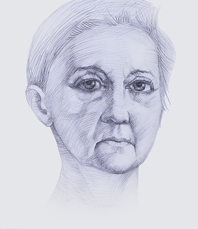Fashionable retro illustration allegory  old age work of art my black and white pencil drawing on paper impressionism original  symbolic isolated portrait face sad look old woman on white paper background