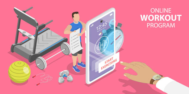 3D Isometric Flat Vector Concept of Online Workout Program. 3D Isometric Flat Vector Concept of Online Workout Program, Personal Fitness Coach, Training with Virtual Instructor, Mobile App for Exercising at Home During Quarantine. personal trainer stock illustrations