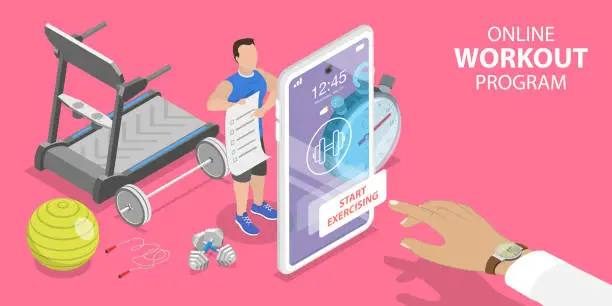 Vector illustration of 3D Isometric Flat Vector Concept of Online Workout Program.