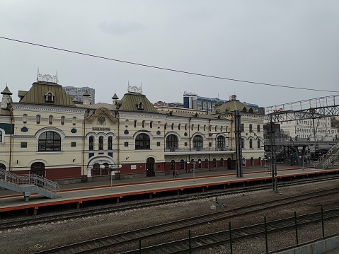 Vladivostok, Russia - March 20, 2019: Old railway station building.