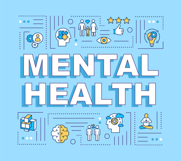Mental health word concepts banner. Happy healthy mind. Joyful life. Work, family balance. Infographics with linear icons on blue background. Isolated typography. Vector outline RGB color illustration Mental health word concepts banner. Happy healthy mind. Joyful life. Work, family balance. Infographics with linear icons on blue background. Isolated typography. Vector outline RGB color illustration balance borders stock illustrations