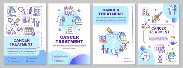 암 치료 브로셔 템플릿. 화학 요법. 전단지, 소책자, 전단지 인쇄, 선형 아이콘커버 디자인. 종양학 약물 치료. 잡지, 보고서, 광고 포스터에 대한 벡터 레이아웃 - design element infographic symbol icon set stock illustrations