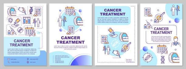 szablon broszury na temat leczenia raka. chemioterapii. ulotka, broszura, nadruk ulotki, okładka z liniowymi ikonami. onkologiczna terapia lekowa. układy wektorowe dla czasopism, raportów, plakatów reklamowych - cancer cure stock illustrations