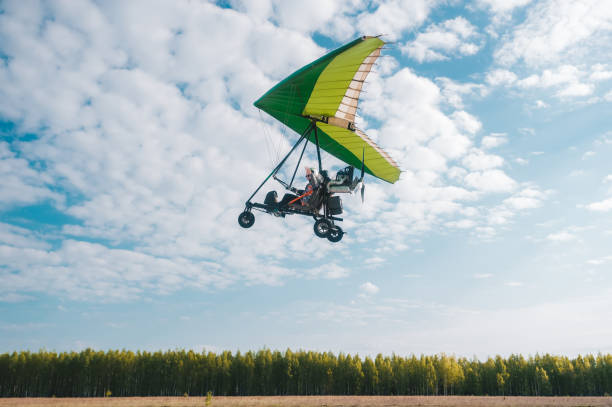 ハンググライダーパイロットは、緑の木の近くに操縦を行います - hang glider ストックフォトと画像