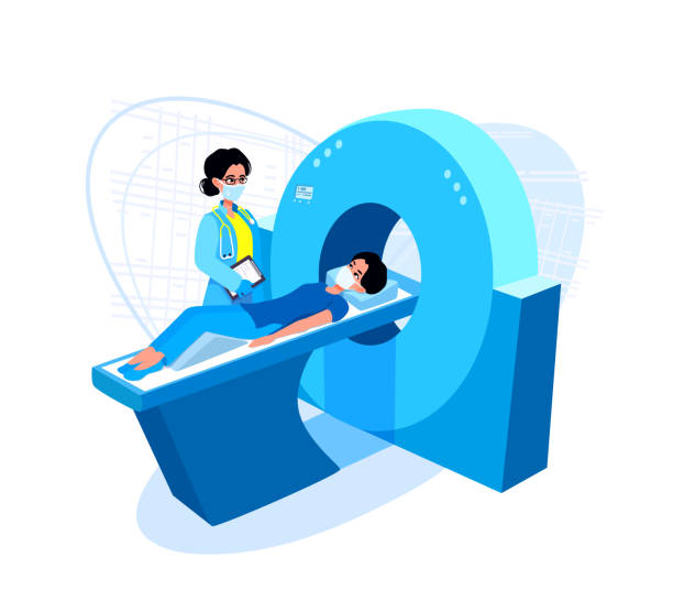 Computed Tomography Scan Cat Mri Scanner Patient Lying Waiting For A  Procedure Radiographer Standing Near Ct Scanner The Doctor Radiologist  Wears A Surgical Mask And Gloves Stock Illustration - Download Image Now -