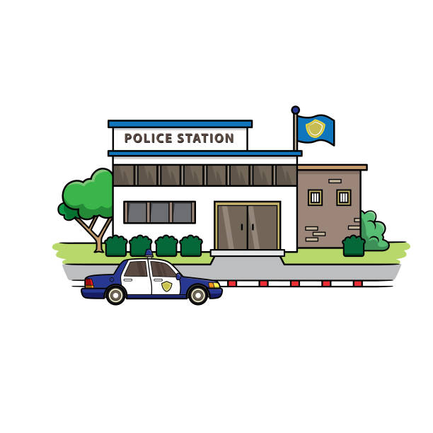 Police Station Illustration In Flat Design There Is A Police Car Parked In  Front Used As Teaching Materials For Teachers Or Those Who Want To Make  Childrens Books Stock Illustration - Download