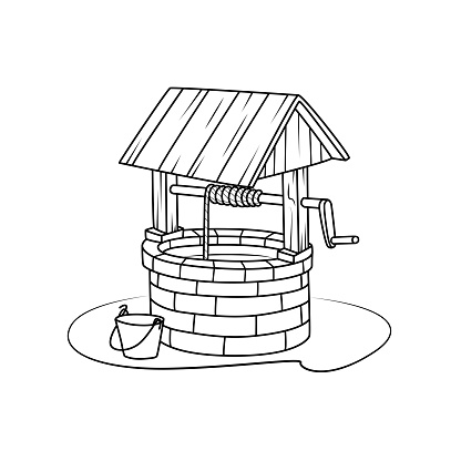 Black and White of the old well illustration that can be seen in the countryside Can be used as teaching material for teachers to make children's books. Or have parents use to make documents Accompany the lesson.