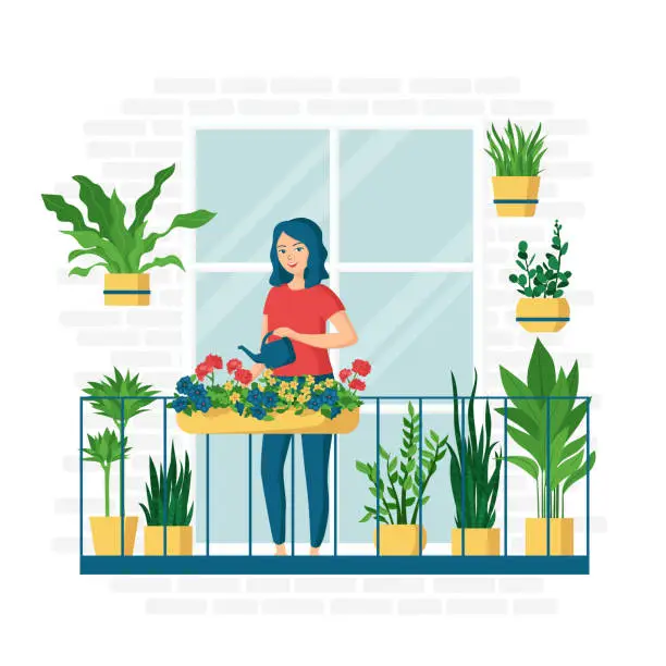 Vector illustration of Young happy woman is watering flowers on the balcony. Growing and caring for potted plants. Houseplants. Concept of home garden. Vector illustration in cartoon flat style