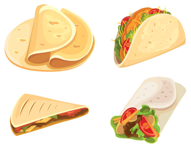 멕시코 음식 세트입니다. - quesadilla chicken mexican cuisine cheese stock illustrations