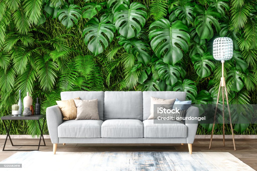 Sofa With Plants On Wall Background Stock Photo - Download Image Now -  Vertical Garden, Plant, Home Interior - iStock