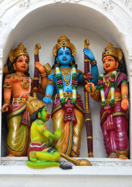 View of Indian Hindu God Rama,Lakshmana,Hanuman and Sita marble stone carved statue in a temple stock photo