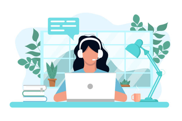 Vector concept of work and learning from home Vector concept of work and learning from home, chat online support remotely. Isolated white background. Girl at the computer in headphones. With flowers, books and a lamp. Flat style, pastel colors. touching illustrations stock illustrations