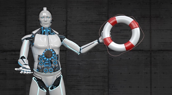 A white robot as a helper in distress with a life belt. 3d illustration.
