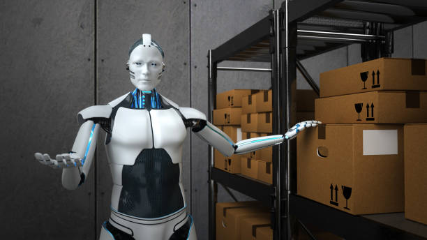 istock Humanoid robot works in a shipping warehouse 1225589799