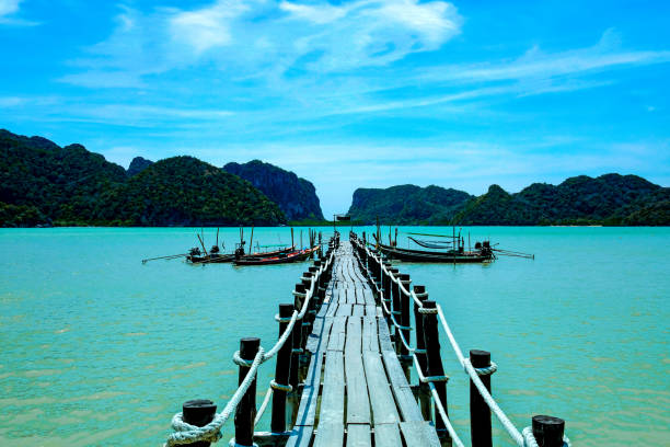 istock Old Wooden bridge into the sea. 1225589881