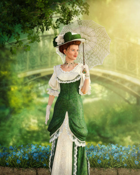 Portrait of an elegant Jane Austen style woman  stroling in a park Portrait of an elegant Jane Austen style woman strolling the in a park on a summer day, Regency dress, 3d render regency style stock pictures, royalty-free photos & images