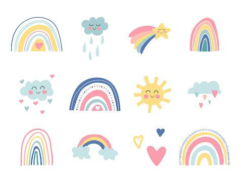 Cute kids nursery collection. Hand drawn rainbows, sun, funny clouds, stars, hearts. Sky background. Baby shower. Lovely cartoon rainbows for wallpaper, fabric, wrapping, apparel. Vector illustration.