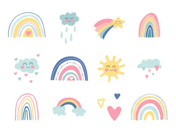 Vector illustration of Cute kids nursery collection. Hand drawn rainbows, sun, funny clouds, stars, hearts. Sky background. Baby shower. Lovely cartoon rainbows for wallpaper, fabric, wrapping, apparel. Vector illustration