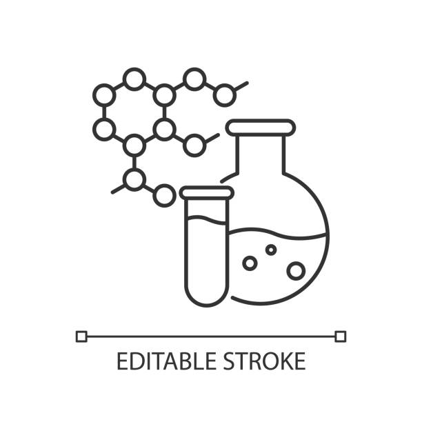 화학 픽셀 완벽한 선형 아이콘입니다. 과학 및 의학 연구. 생화학 및 약리학. 얇은 라인 사용자 정의 그림입니다. 등고선 기호입니다. 벡터 절연 윤곽선 도면. 편집 가능한 스트로크 - 화학 stock illustrations
