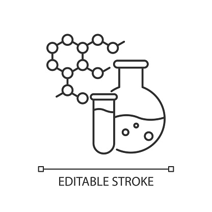 Chemistry pixel perfect linear icon. Science and medicine research. Biochemistry and pharmacology. Thin line customizable illustration. Contour symbol. Vector isolated outline drawing. Editable stroke