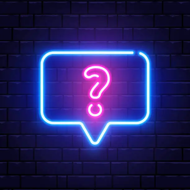 Vector illustration of Neon glowing question mark. Quiz neon banner. Color neon frame on brick wall. Realistic bright night signboard. Shining neon speech bubble. Vector illustration