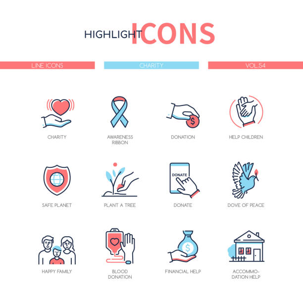 ilustrações de stock, clip art, desenhos animados e ícones de charity concept - line design style icons set - red blood cell