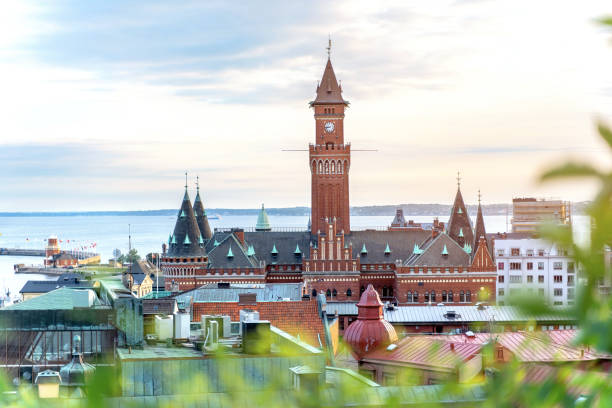 View of the City Hall of Helsingborg city an strait Oresund between Sweden and Denmark stock photo