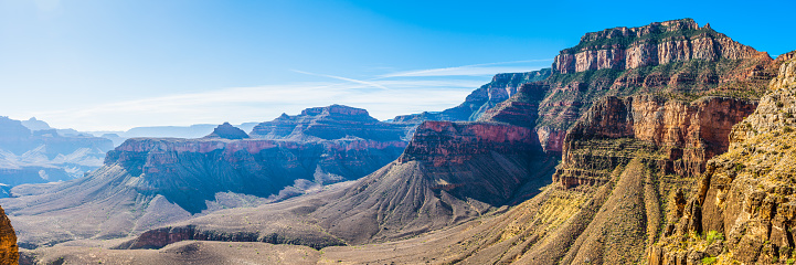The massive cliffs of the South Rim overlooking the South Kaibab Trail down into the Grand Canyon, Arizona, USA.