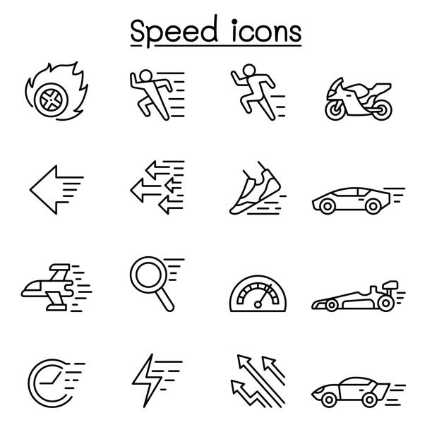 ilustraciones, imágenes clip art, dibujos animados e iconos de stock de velocidad, icono rápido establecido en estilo de línea delgada - racecar
