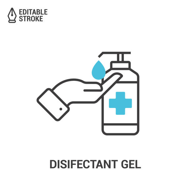 Icon Of Hand Disinfection Using A Sanitizer Gel. Bottle With Sanitizer Isolated On White Background. Concept Of Antibacterial Gel. Outline Vector Icon With Filled Elements And Editable Strokes Icon Of Hand Disinfection Using A Sanitizer Gel. Bottle With Sanitizer Isolated On White Background. Concept Of Antibacterial Gel. Outline Vector Icon With Filled Elements And Editable Strokes antiseptic stock illustrations