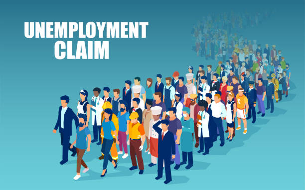 wektor tłumu ludzi różnych zawodów stojących w kolejce do ubiegania się o bezrobocie - unemployment stock illustrations