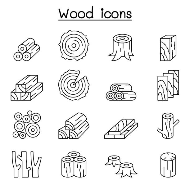 holz-symbol in dünner linie stil gesetzt - tree outline branch forest stock-grafiken, -clipart, -cartoons und -symbole