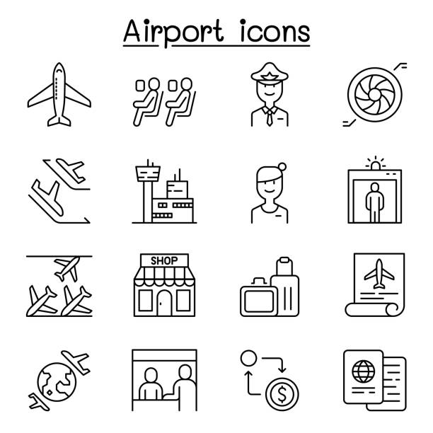 ilustraciones, imágenes clip art, dibujos animados e iconos de stock de icono del aeropuerto establecido en estilo de línea delgada - air traffic control tower airport runway air travel