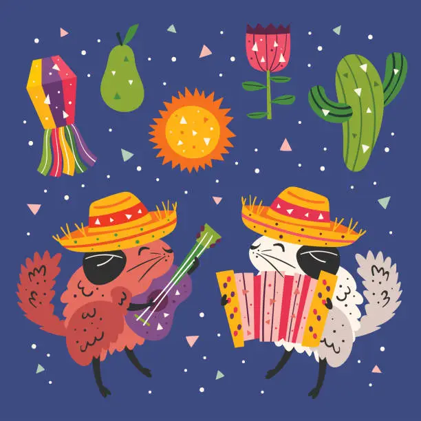 Vector illustration of Mexico clip art. Little cute chinchillas in sombrero with guitar, button accordion, cactus, grass and flags. Mexican party.  Flat colourful vector illustration, set, sticker isolated on background.