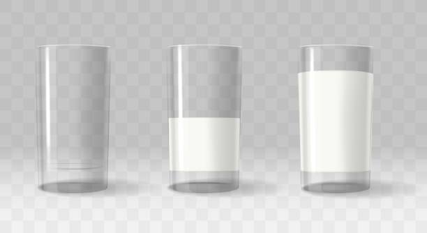 Empty full half milk glass Empty full half milk glass. Diet nature milk glasses isolated on transparent background, nonalcoholic healthy drink, vector cold morning breakfast protein fresh dairy beverage glass of milk transparent background stock illustrations